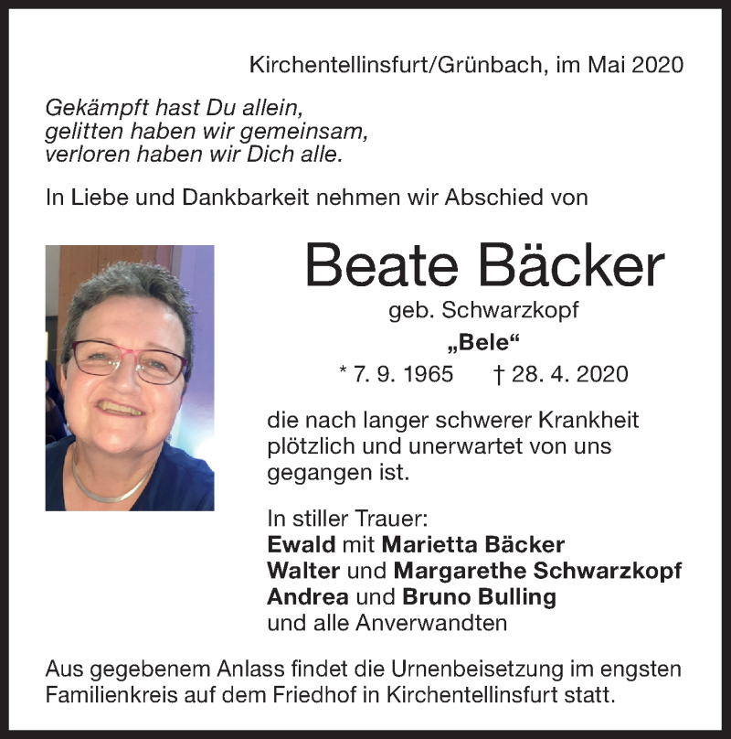  Traueranzeige für Beate Bäcker vom 08.05.2020 aus NWZ Neue Württembergische Zeitung