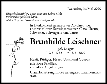 Traueranzeige von Brunhilde Leischner von NWZ Neue Württembergische Zeitung