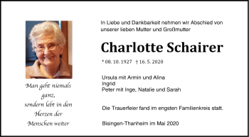 Traueranzeige von Charlotte Schairer von Hohenzollerische Zeitung