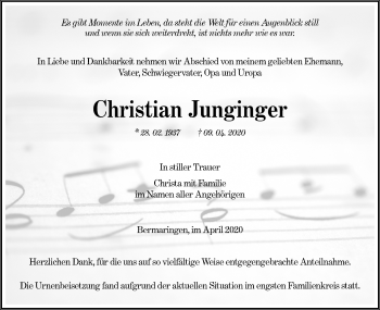 Traueranzeige von Christian Junginger von SÜDWEST PRESSE Ausgabe Ulm/Neu-Ulm