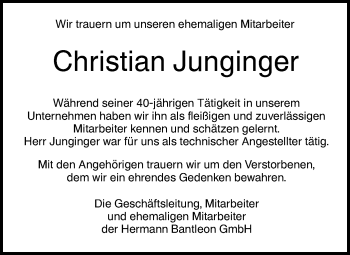 Traueranzeige von Christian Junginger von SÜDWEST PRESSE Ausgabe Ulm/Neu-Ulm