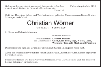 Traueranzeige von Christian Wörner von Rundschau Gaildorf