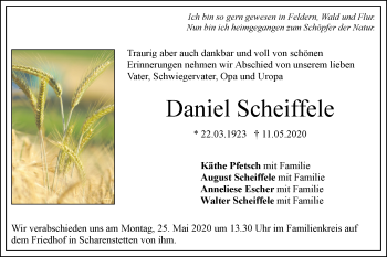 Traueranzeige von Daniel Scheiffele von SÜDWEST PRESSE Ausgabe Ulm/Neu-Ulm