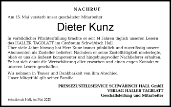 Traueranzeige von Dieter Kunz von Haller Tagblatt