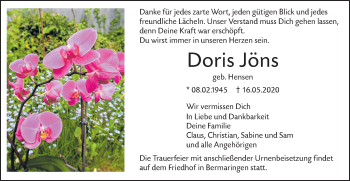 Traueranzeige von Doris Jöns von SÜDWEST PRESSE Ausgabe Ulm/Neu-Ulm