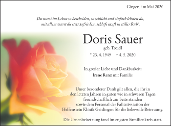 Traueranzeige von Doris Sauer von Geislinger Zeitung