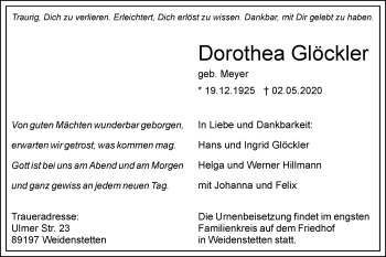 Traueranzeige von Dorothea Glöckler von SÜDWEST PRESSE Ausgabe Ulm/Neu-Ulm