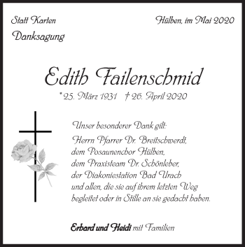 Traueranzeige von Edith Failenschmid von Alb-Bote/Metzinger-Uracher Volksblatt