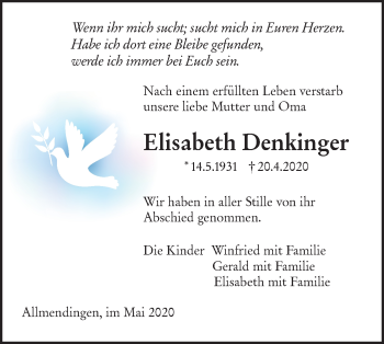 Traueranzeige von Elisabeth Denkinger von Ehinger Tagblatt