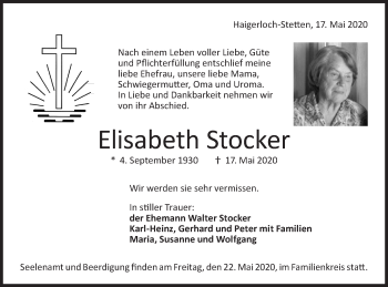 Traueranzeige von Elisabeth Stocker von Hohenzollerische Zeitung