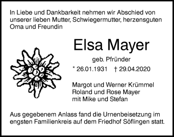 Traueranzeige von Elsa Mayer von SÜDWEST PRESSE Ausgabe Ulm/Neu-Ulm