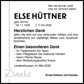 Traueranzeige von Else Hüttner von Hohenloher Tagblatt