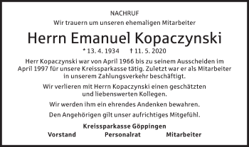 Traueranzeige von Emanuel Kopaczynski von NWZ Neue Württembergische Zeitung/Geislinger Zeitung