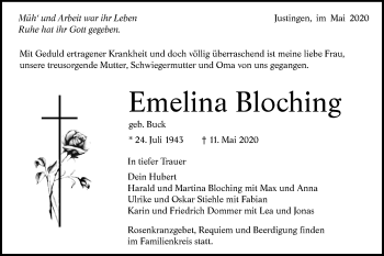 Traueranzeige von Emelina Bloching von Metzinger-Uracher Volksblatt