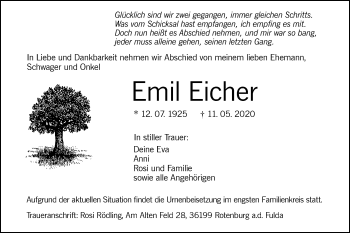 Traueranzeige von Emil Eicher von Illertal Bote