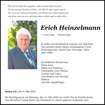 Traueranzeige von Erich Heinzelmann von Hohenzollerische Zeitung