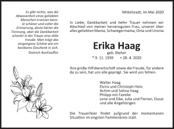 Traueranzeige von Erika Haag von Metzinger-Uracher Volksblatt