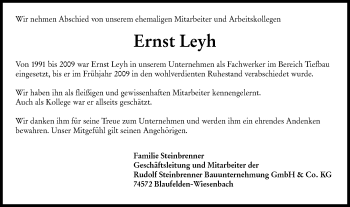 Traueranzeige von Ernst Leyh von Hohenloher Tagblatt