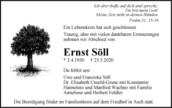 Traueranzeige von Ernst Söll von SÜDWEST PRESSE Ausgabe Ulm/Neu-Ulm