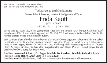 Traueranzeige von Frida Kautt von Metzinger-Uracher Volksblatt