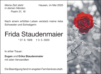 Traueranzeige von Frida Staudenmaier von Geislinger Zeitung