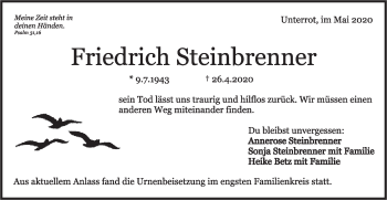 Traueranzeige von Friedrich Steinbrenner von Rundschau Gaildorf