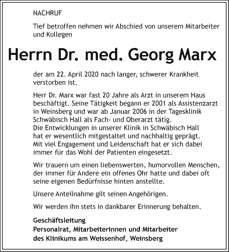  Traueranzeige für Georg Marx vom 06.05.2020 aus Haller Tagblatt