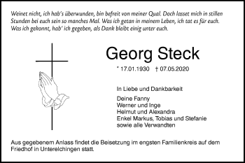 Traueranzeige von Georg Steck von SÜDWEST PRESSE Ausgabe Ulm/Neu-Ulm