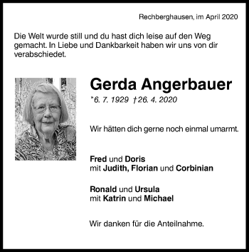 Traueranzeige von Gerda Angerbauer von NWZ Neue Württembergische Zeitung