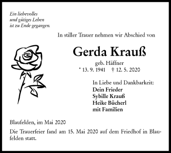 Traueranzeige von Gerda Krauß von Hohenloher Tagblatt