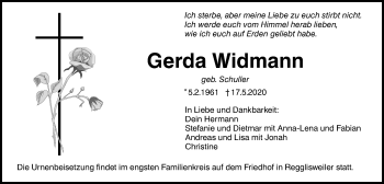 Traueranzeige von Gerda Widmann von SÜDWEST PRESSE Ausgabe Ulm/Neu-Ulm