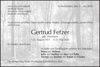 Traueranzeige von Gertrud Fetzer von Alb-Bote/Metzinger-Uracher Volksblatt