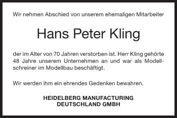 Traueranzeige von Hans Peter Kling von Geislinger Zeitung