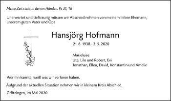 Traueranzeige von Hansjörg Hofmann von Ehinger Tagblatt