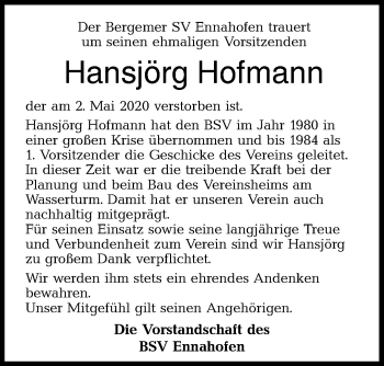 Traueranzeige von Hansjörg Hofmann von Ehinger Tagblatt