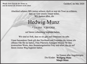 Traueranzeige von Hedwig Munz von Rundschau Gaildorf