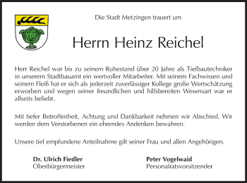 Traueranzeige von Heinz Reichel von Metzinger-Uracher Volksblatt