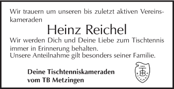 Traueranzeige von Heinz Reichel von Metzinger-Uracher Volksblatt