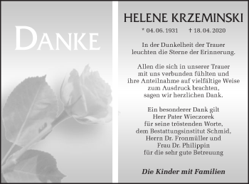 Traueranzeige von Helene Krzeminski von Hohenzollerische Zeitung