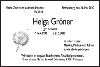 Traueranzeige von Helga Gröner von Rundschau Gaildorf