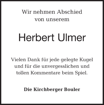 Traueranzeige von Herbert Ulmer von Hohenloher Tagblatt