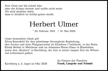 Traueranzeige von Herbert Ulmer von Hohenloher Tagblatt