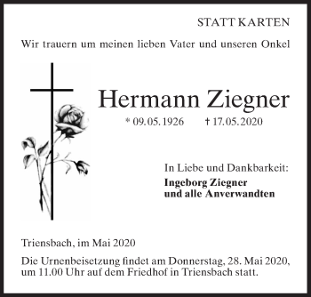 Traueranzeige von Hermann Ziegner von Hohenloher Tagblatt