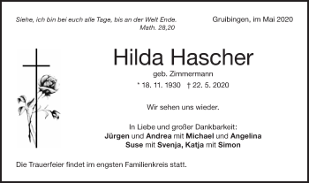 Traueranzeige von Hilda Hascher von NWZ Neue Württembergische Zeitung/Geislinger Zeitung