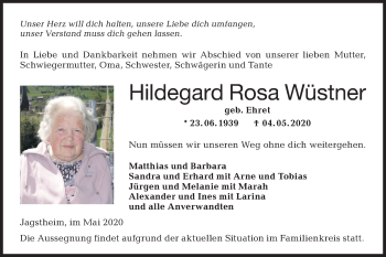 Traueranzeige von Hildegard Rosa Wüstner von Hohenloher Tagblatt