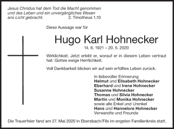 Traueranzeige von Hugo Karl Hohnecker von NWZ Neue Württembergische Zeitung