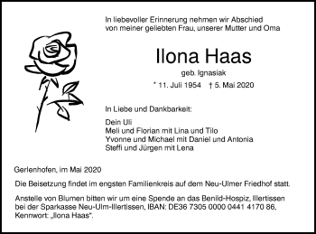 Traueranzeige von Ilona Haas von SÜDWEST PRESSE Ausgabe Ulm/Neu-Ulm