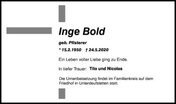 Traueranzeige von Inge Bold von Hohenloher Tagblatt