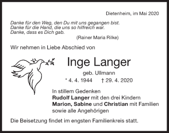 Traueranzeige von Inge Langer von Illertal Bote