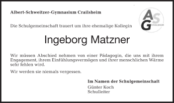 Traueranzeige von Ingeborg Matzner von Hohenloher Tagblatt